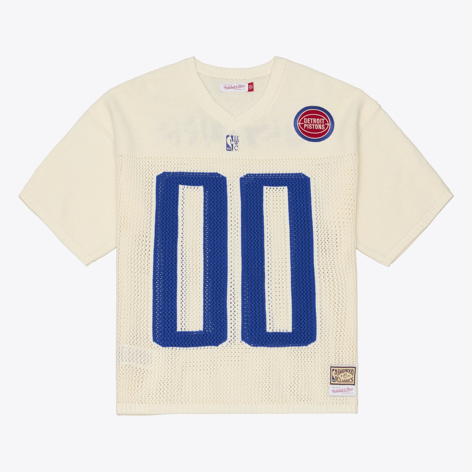 Men's Mitchell & Ness Cream Detroit Pistons Hardwood Classics Retro Roots Short Sleeve Sweater Jersey