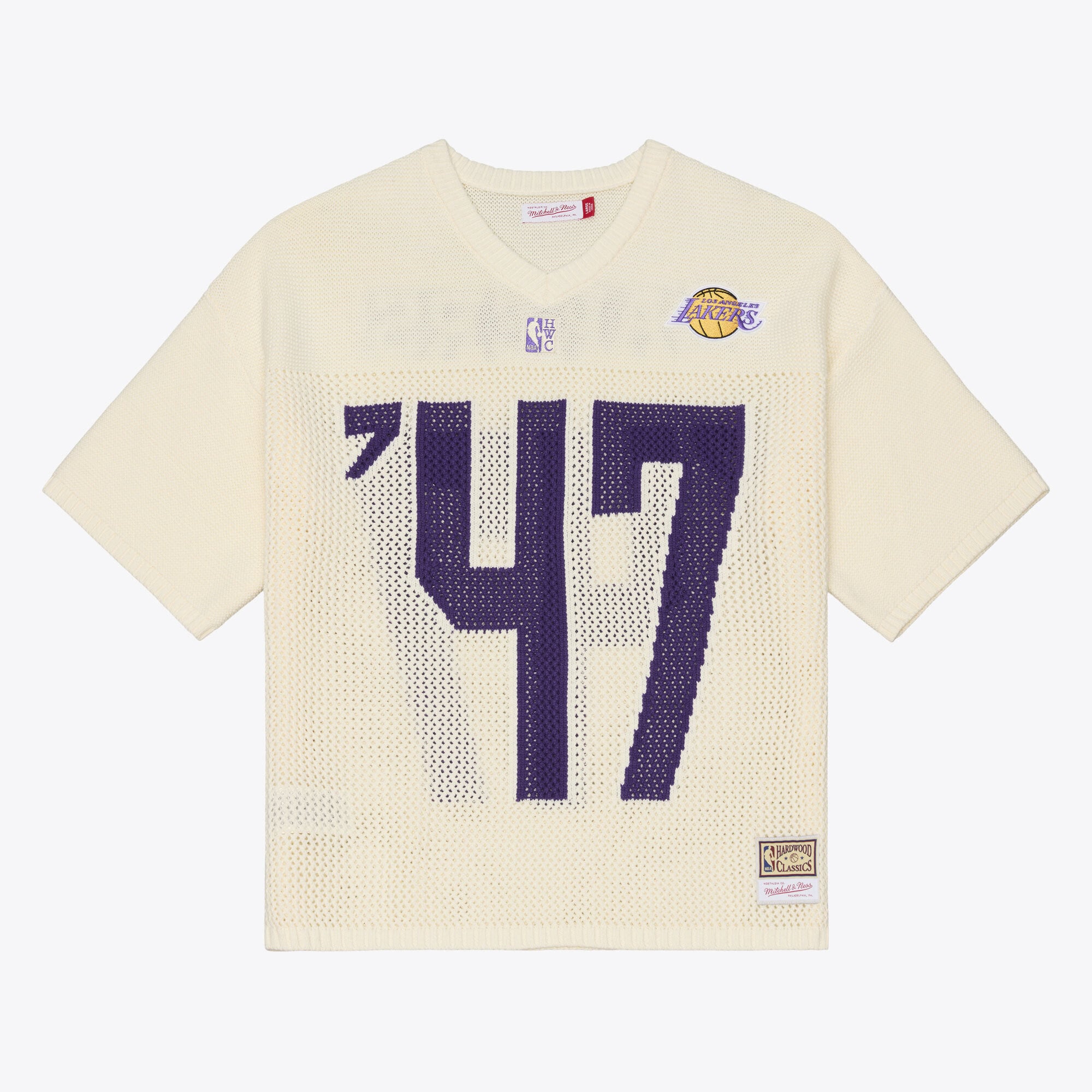 Mitchell & Ness Men's Mitchell Ness Cream Los Angeles Lakers Hardwood Classics Retro Roots Short-Sleeve Sweater Jersey - Cream
