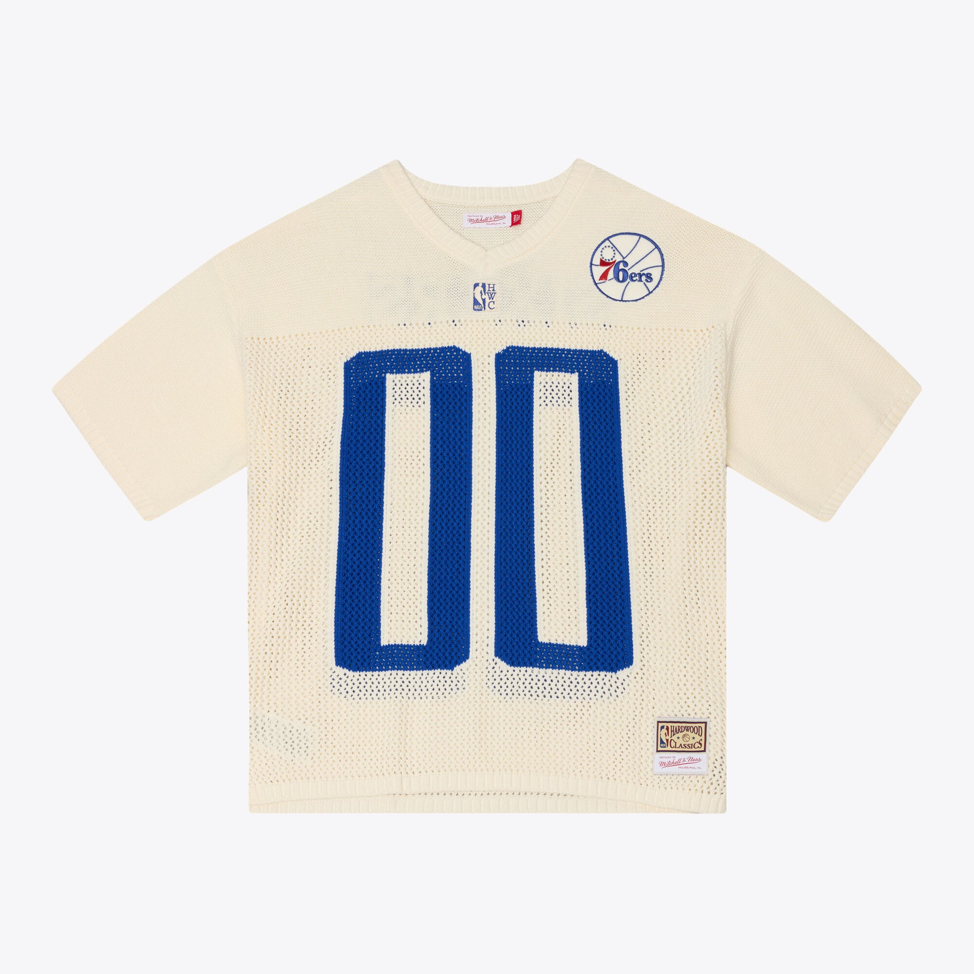 Men's Mitchell & Ness  Cream Philadelphia 76ers Hardwood Classics Retro Roots Short Sleeve Sweater Jersey
