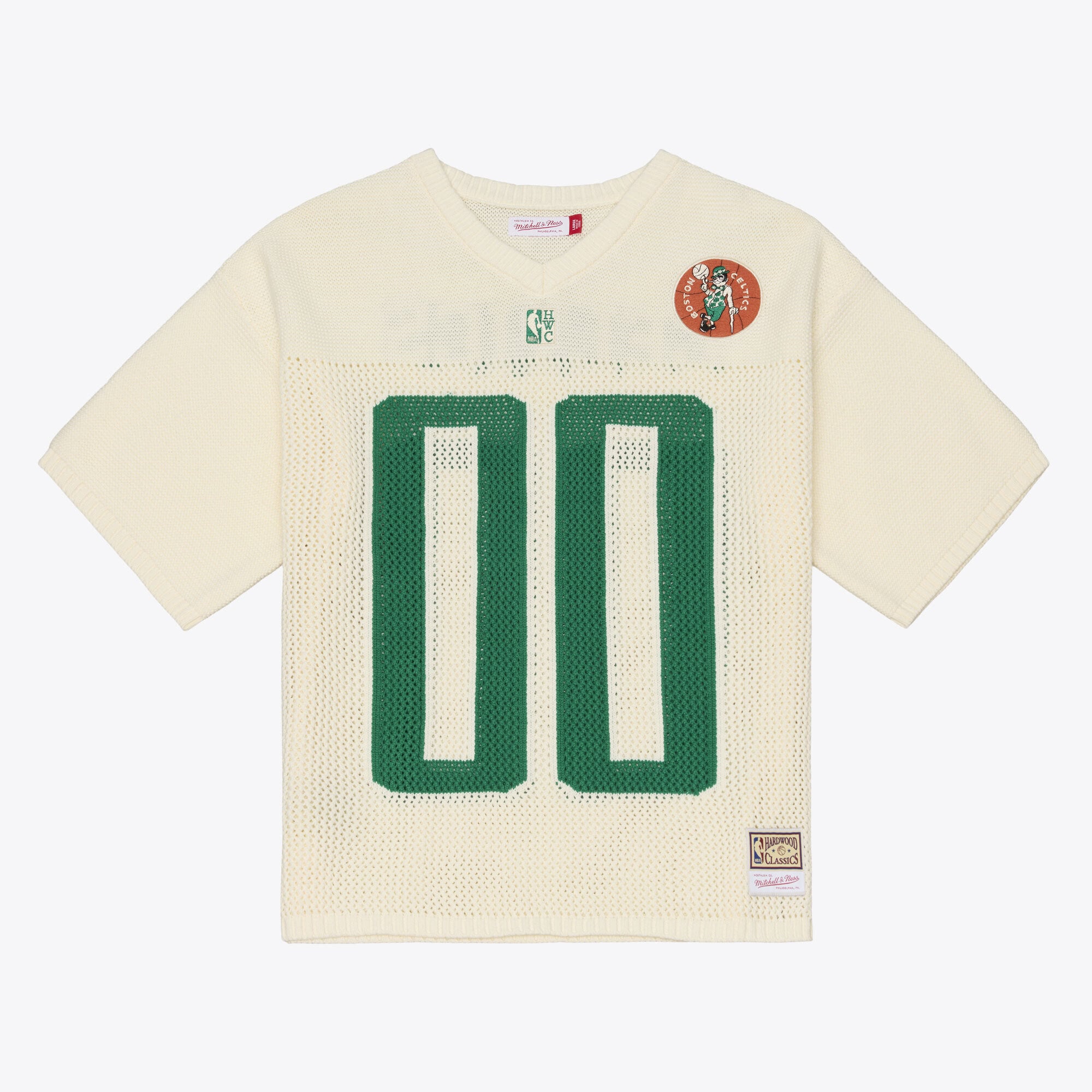 Men's Mitchell & Ness Cream Boston Celtics Hardwood Classics Retro Roots Short Sleeve Sweater Jersey