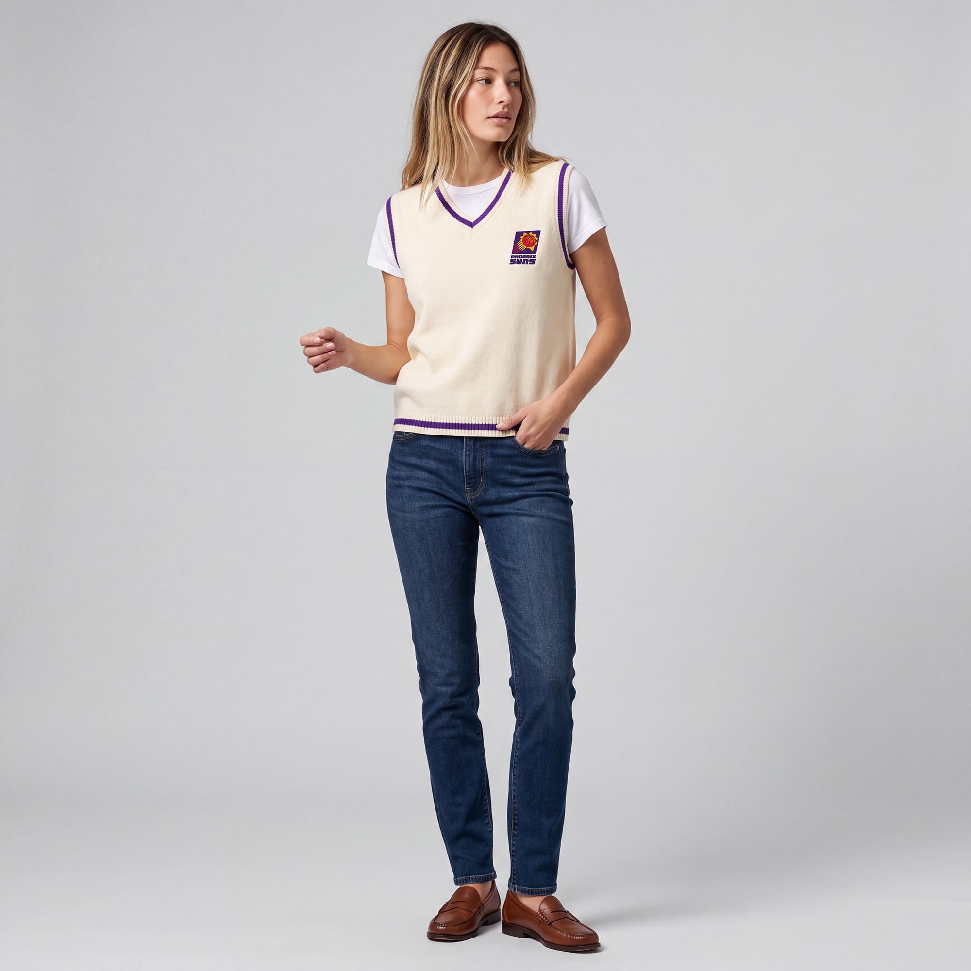 Women's Mitchell & Ness Cream Phoenix Suns Retro Roots V-Neck Sweater Vest