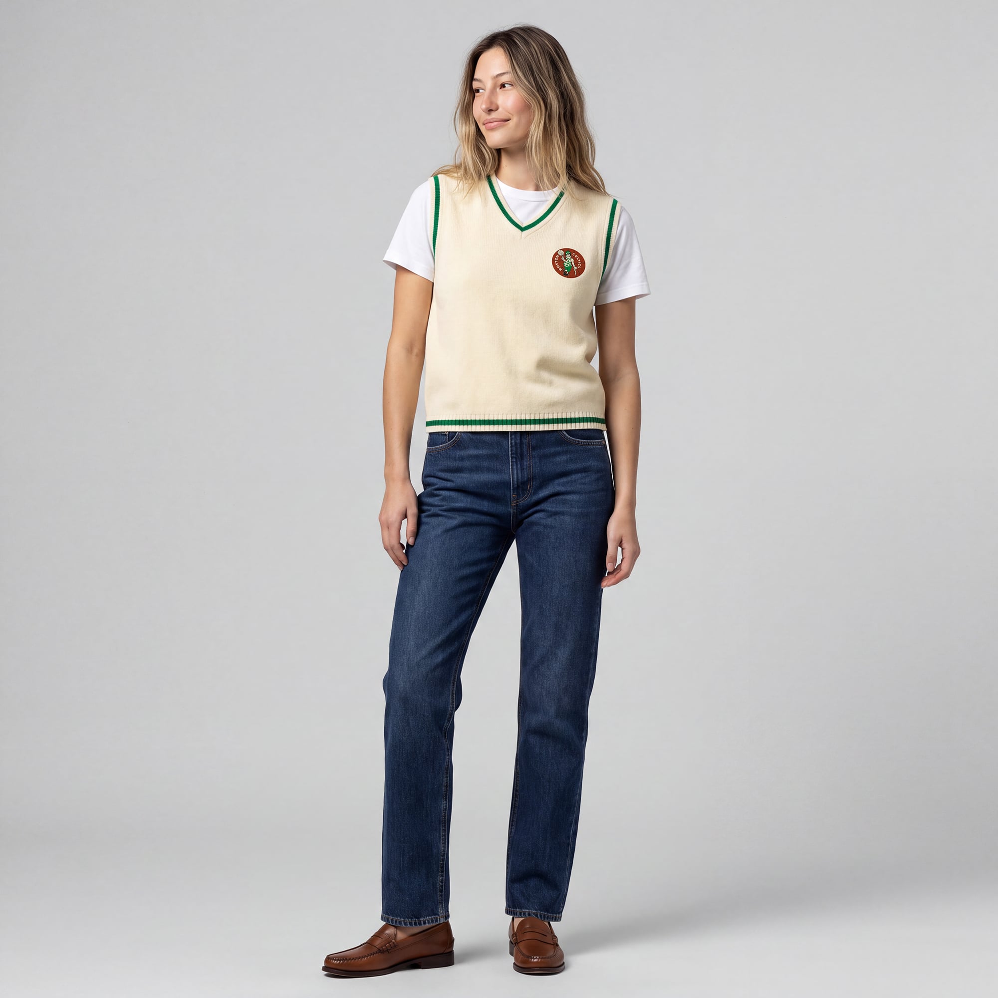 Women's Mitchell & Ness Cream Boston Celtics Retro Roots V-Neck Sweater Vest