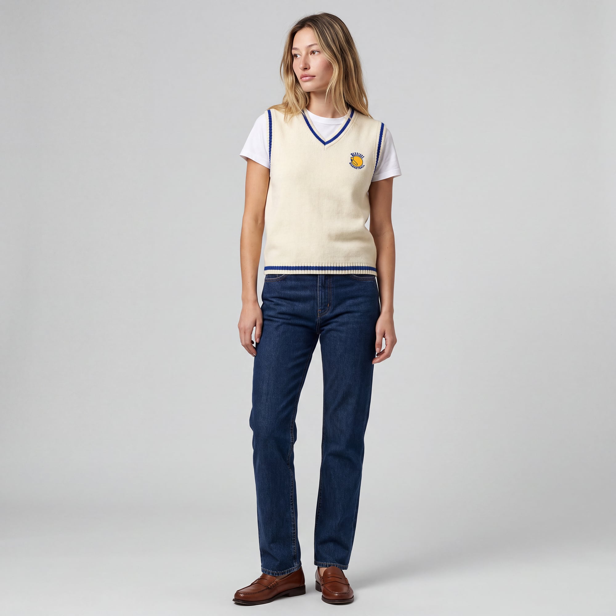 Women's Mitchell & Ness Cream Golden State Warriors Retro Roots V-Neck Sweater Vest