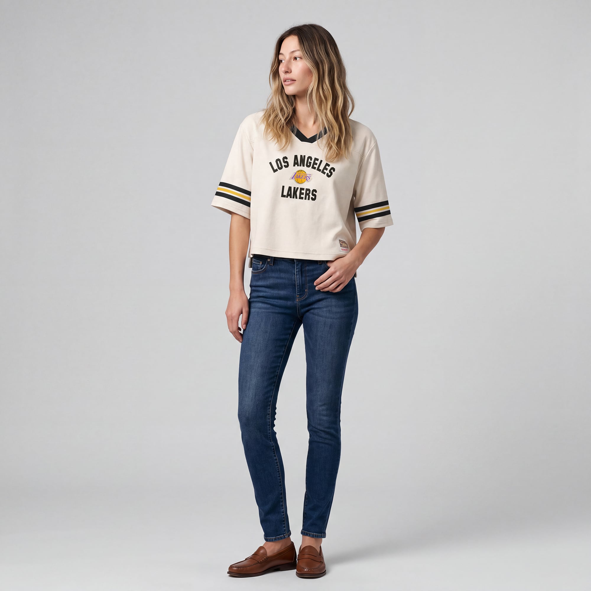 Women's Mitchell & Ness  Cream Los Angeles Lakers Retro Roots Hardwood Classics Cropped Boxy Yoke V-Neck T-Shirt
