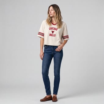 Women's Mitchell & Ness  Cream Chicago Bulls Retro Roots Hardwood Classics Cropped Boxy Yoke V-Neck T-Shirt