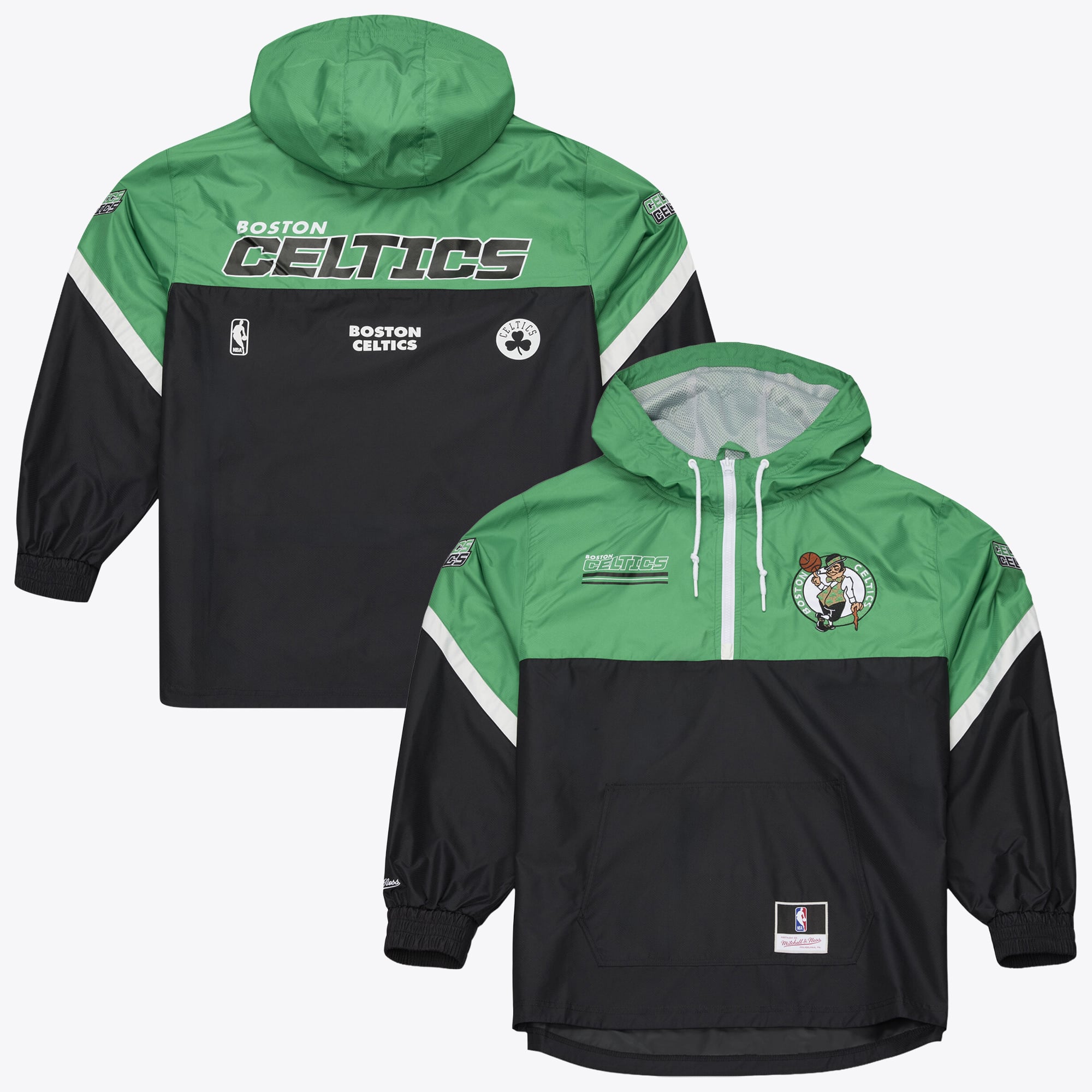 Men's Mitchell & Ness Black Boston Celtics  Triple Check Half-Zip Windbreaker Jacket