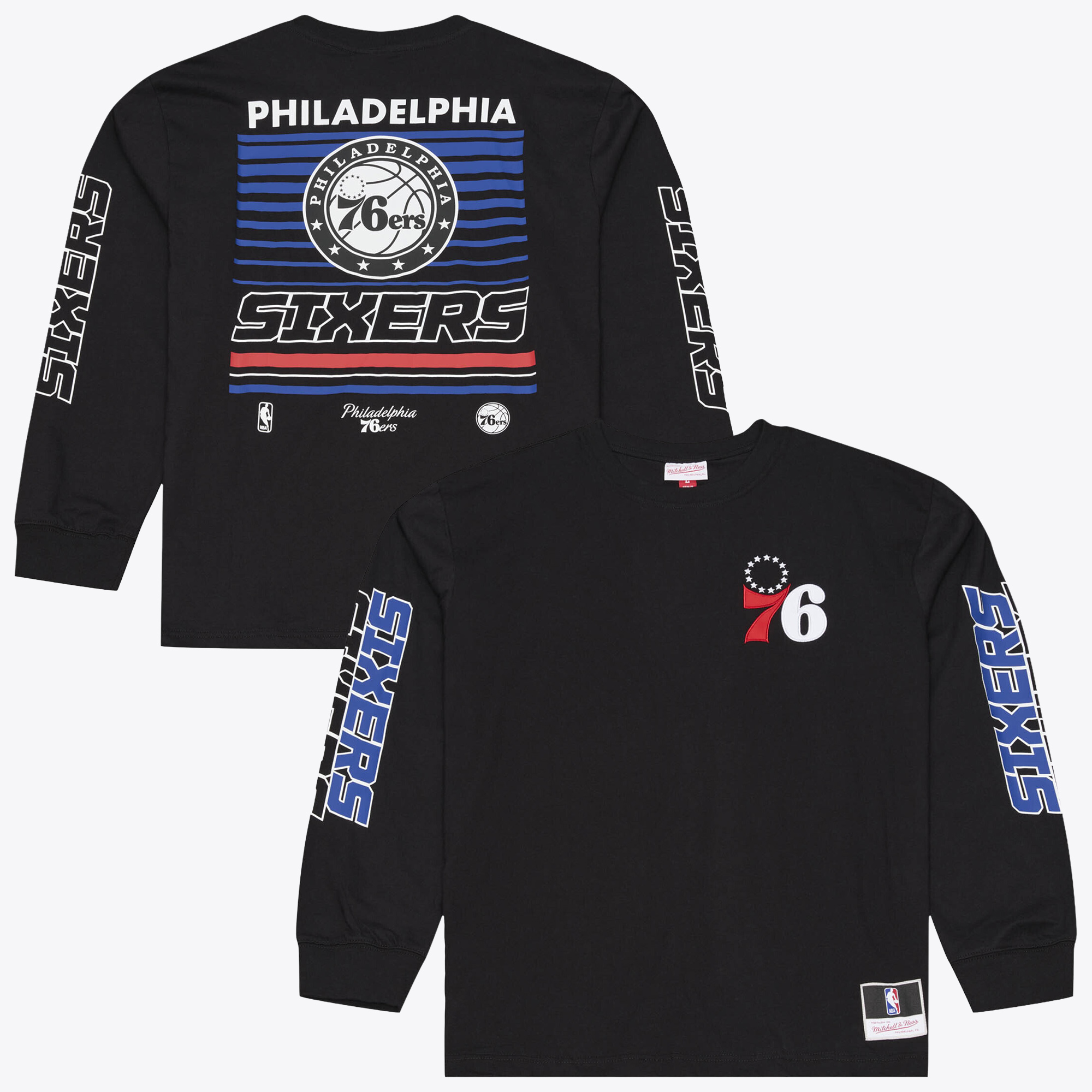 Men's Mitchell & Ness Black Philadelphia 76ers  Triple Check Long Sleeve T-Shirt
