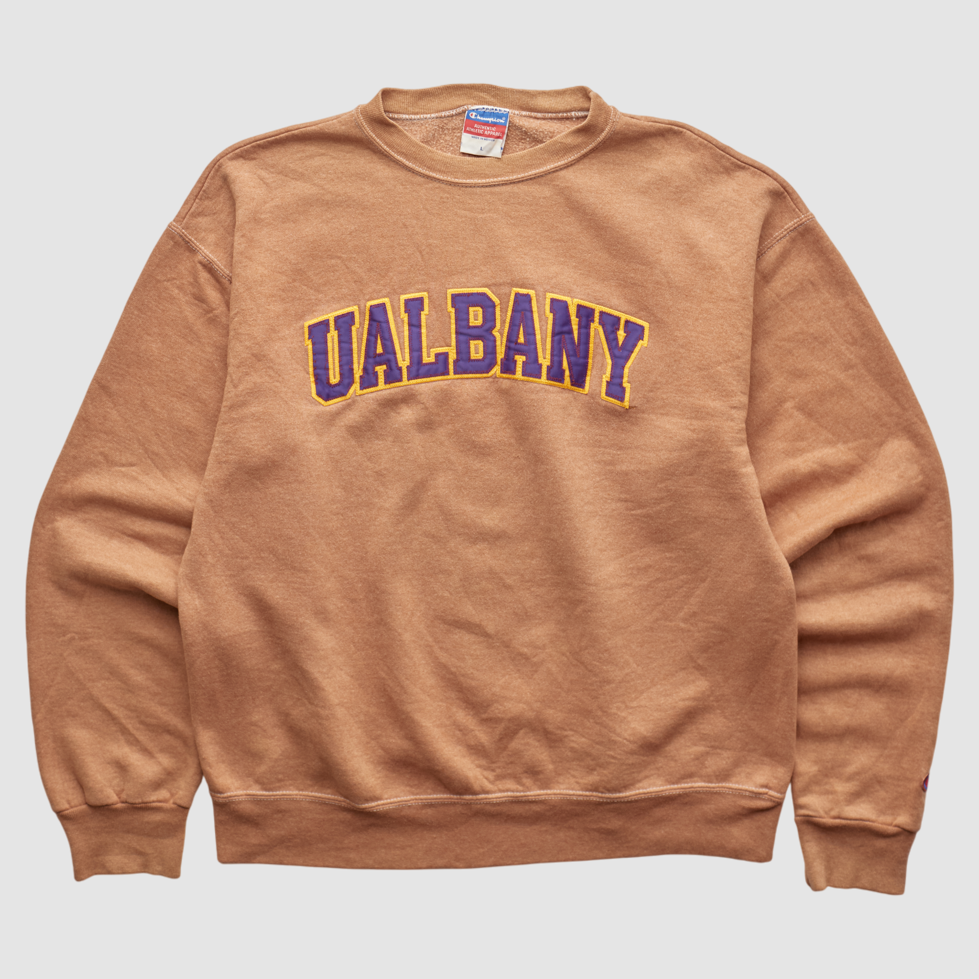UAlbany Great Danes Champion 2000s Pullover Sweatshirt - Tan - M by Fanatics Real Vintage