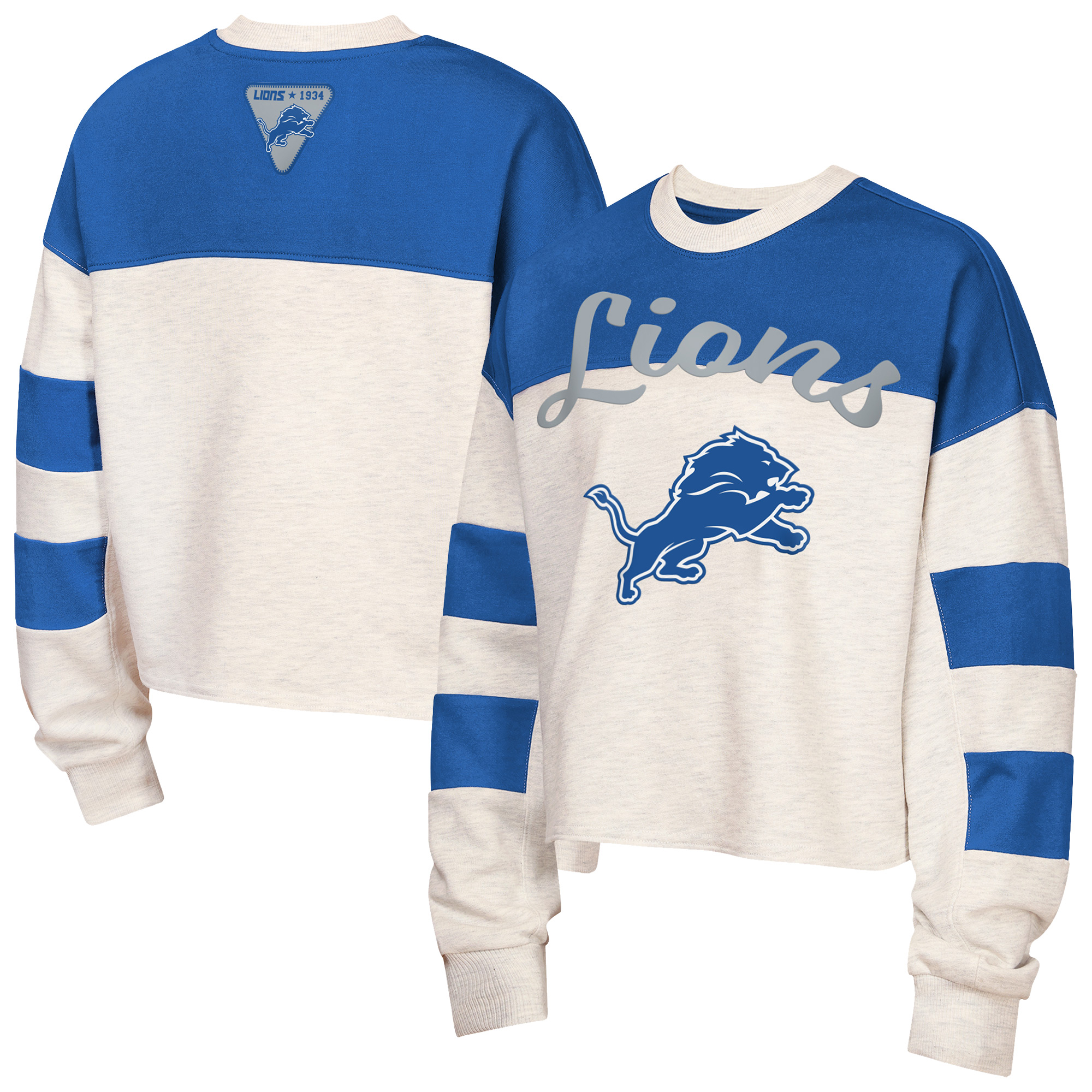 Girls Youth Outerstuff Cream/Blue Detroit Lions Dynasty Terry Sweatshirt