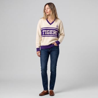 Women's Mitchell & Ness Cream LSU Tigers Retro Roots V-Neck Sweater