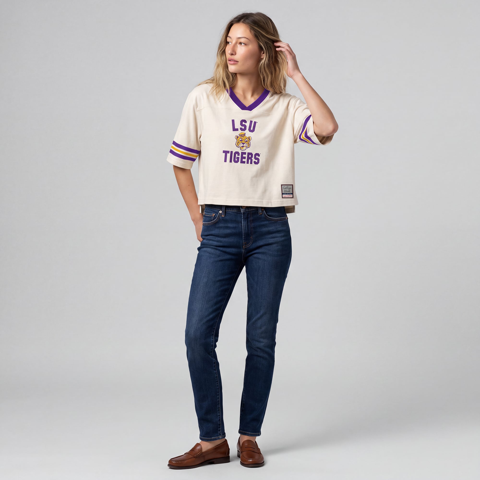 Women's Mitchell & Ness Cream LSU Tigers Retro Roots Crop Boxy Yoke T-Shirt