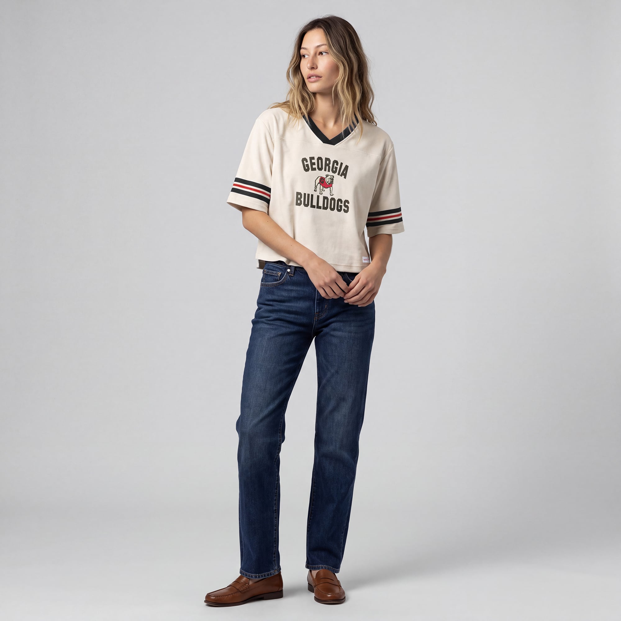 Women's Mitchell & Ness Cream Georgia Bulldogs Retro Roots Crop Boxy Yoke T-Shirt