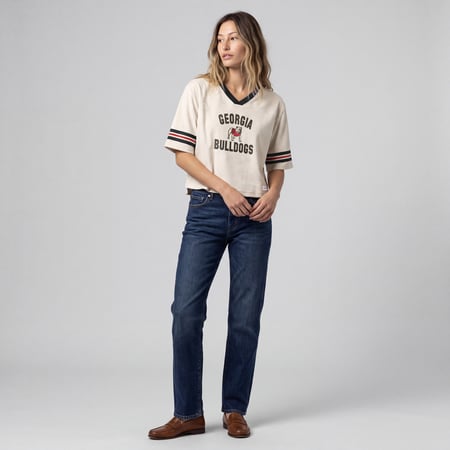 Women's Mitchell & Ness Cream Georgia Bulldogs Retro Roots Crop Boxy Yoke T-Shirt