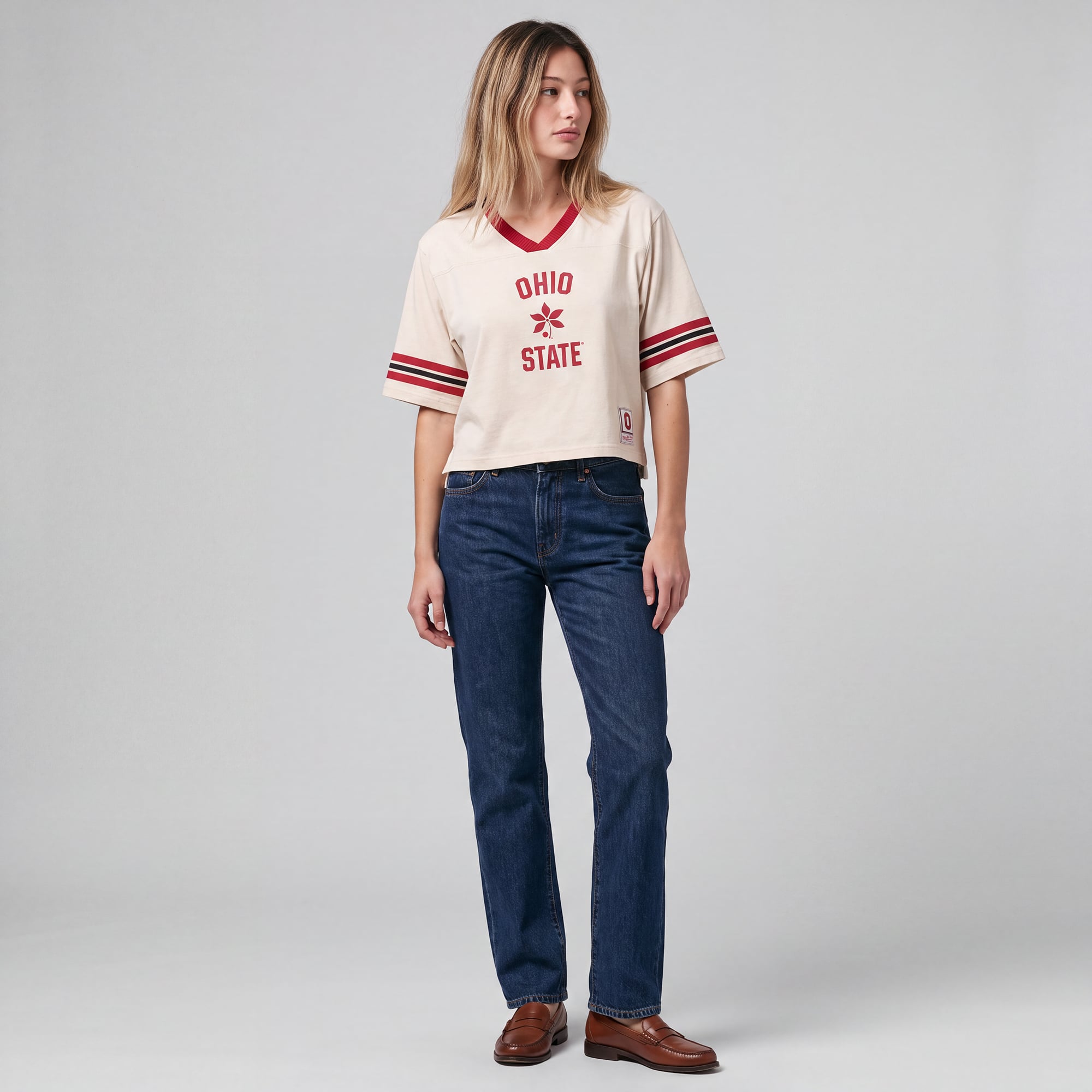 Women's Mitchell & Ness Cream Ohio State Buckeyes Retro Roots Crop Boxy Yoke T-Shirt