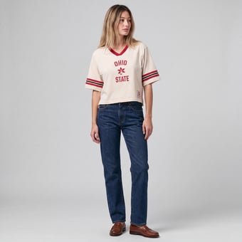 Women's Mitchell & Ness Cream Ohio State Buckeyes Retro Roots Crop Boxy Yoke T-Shirt