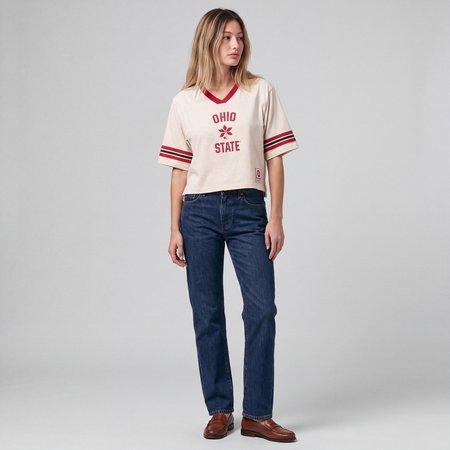 Women's Mitchell & Ness Cream Ohio State Buckeyes Retro Roots Crop Boxy Yoke T-Shirt