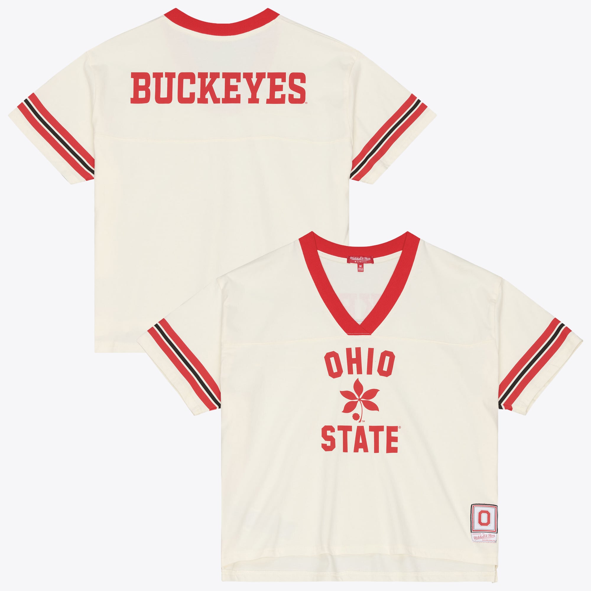 Women's Mitchell & Ness Cream Ohio State Buckeyes Retro Roots Crop Boxy Yoke T-Shirt