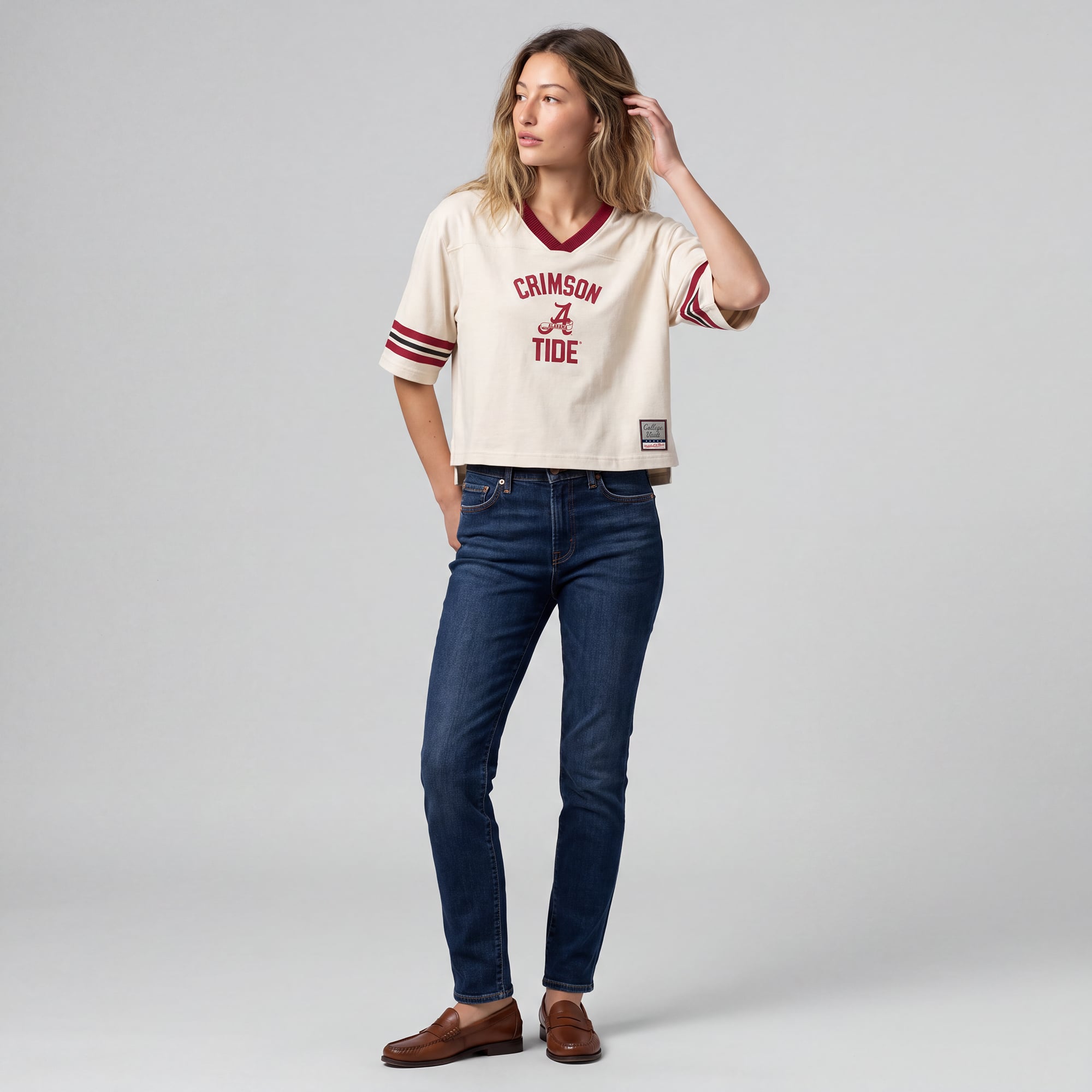 Women's Mitchell & Ness Cream Alabama Crimson Tide Retro Roots Crop Boxy Yoke T-Shirt