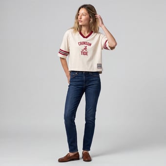 Women's Mitchell & Ness Cream Alabama Crimson Tide Retro Roots Crop Boxy Yoke T-Shirt