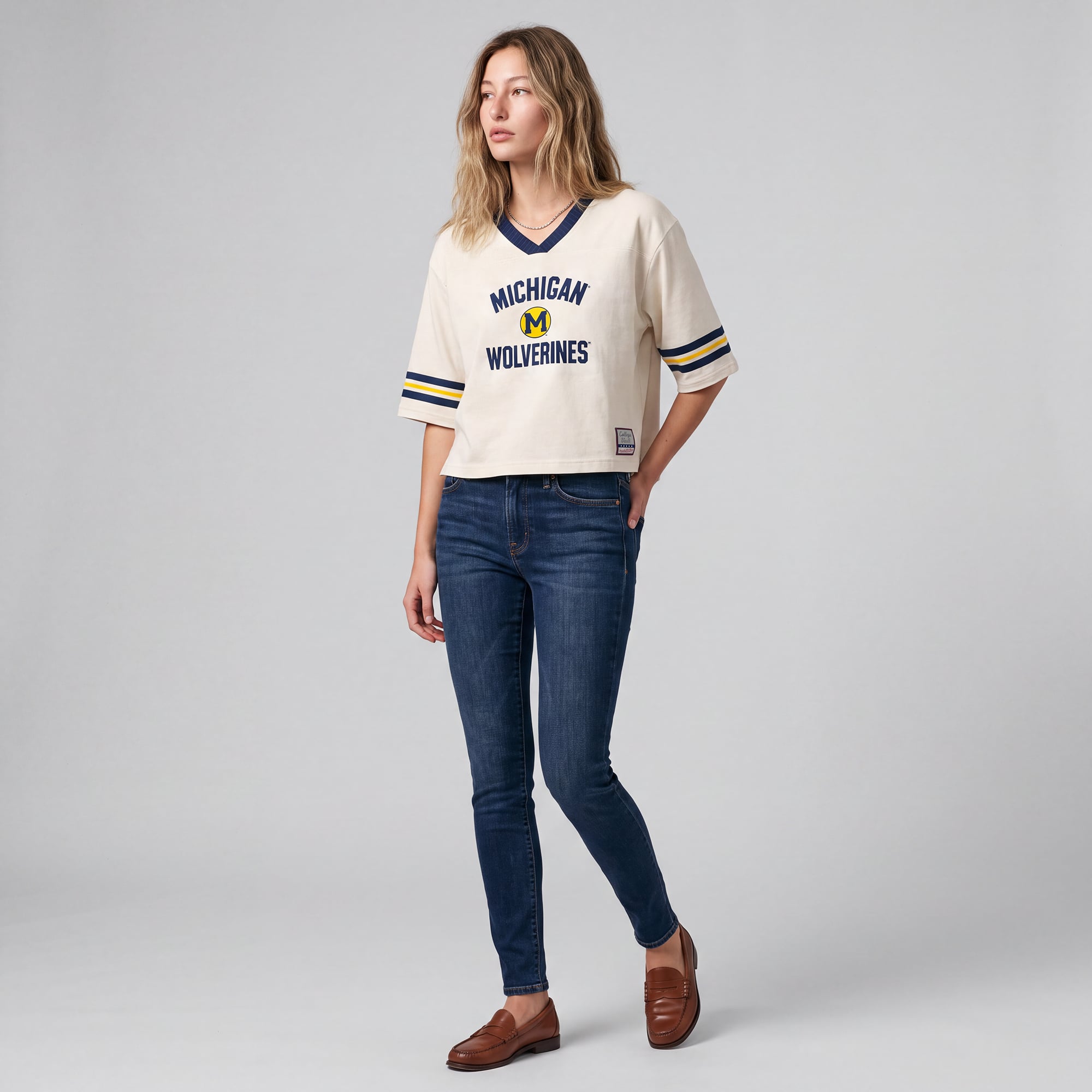 Women's Mitchell & Ness Cream Michigan Wolverines Retro Roots Crop Boxy Yoke T-Shirt