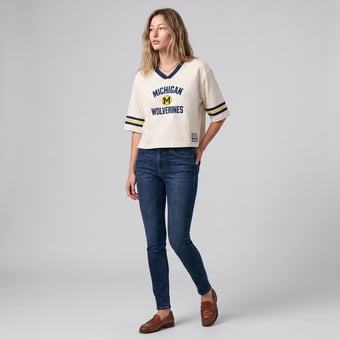 Women's Mitchell & Ness Cream Michigan Wolverines Retro Roots Crop Boxy Yoke T-Shirt