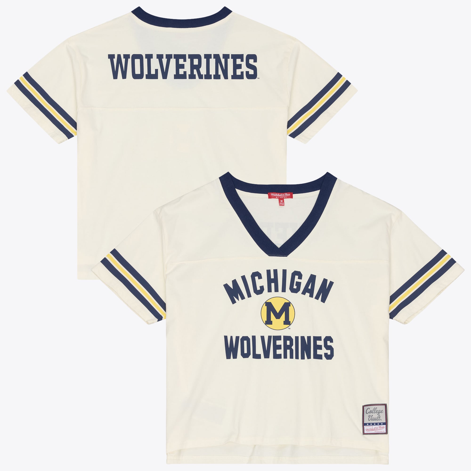 Women's Mitchell & Ness Cream Michigan Wolverines Retro Roots Crop Boxy Yoke T-Shirt