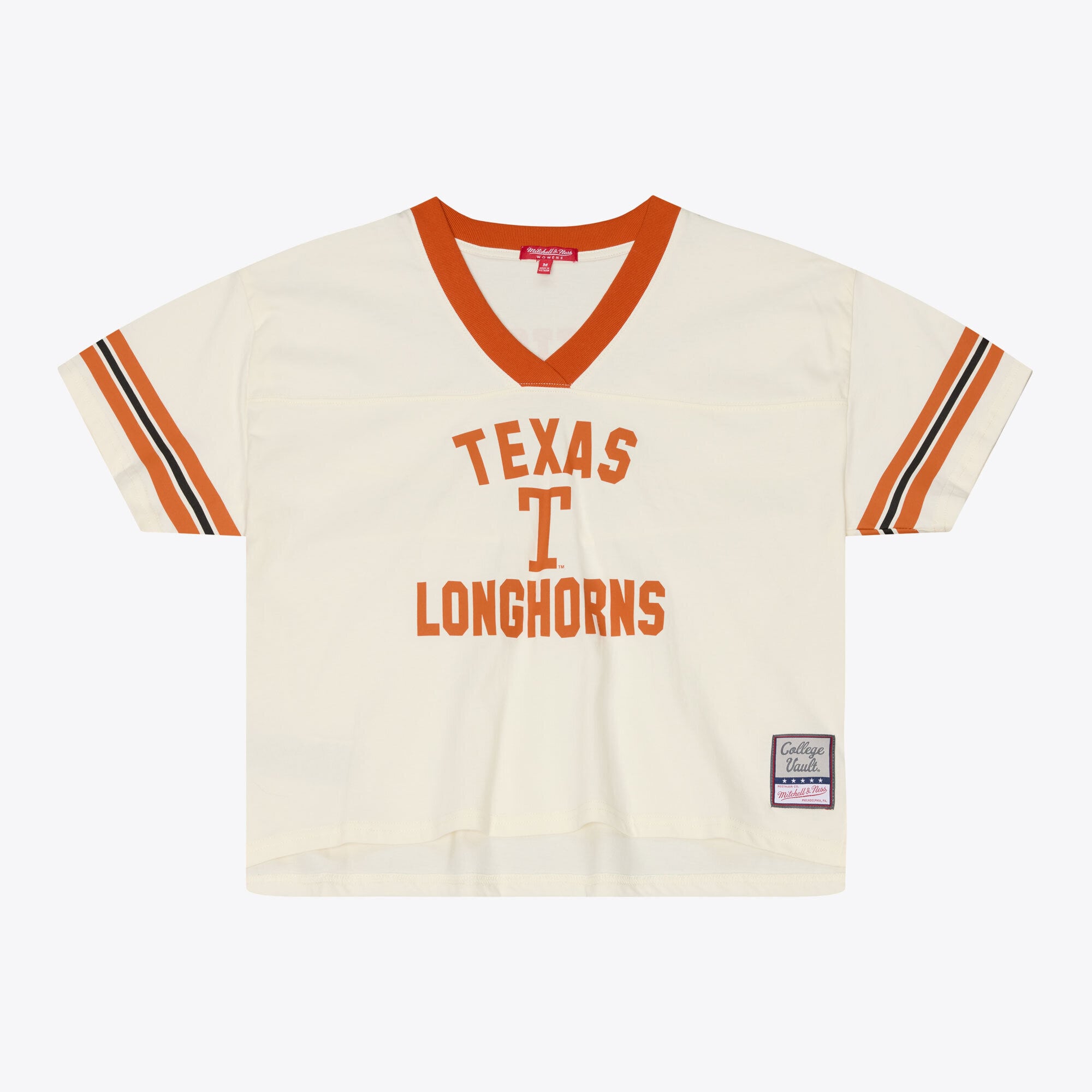Women's Mitchell & Ness Cream Texas Longhorns Retro Roots Crop Boxy Yoke T-Shirt