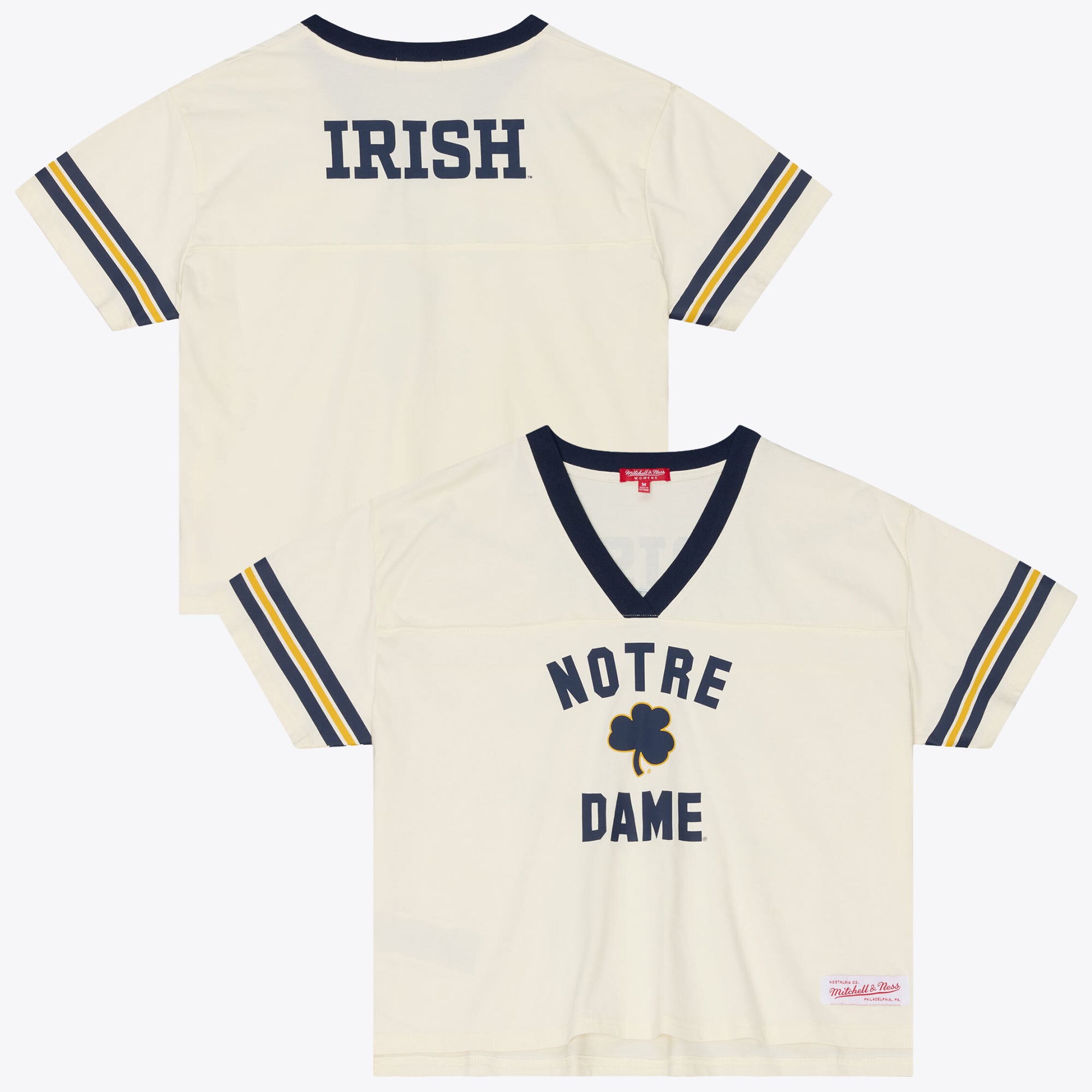 Women's Mitchell & Ness Cream Notre Dame Fighting Irish Retro Roots Crop Boxy Yoke T-Shirt