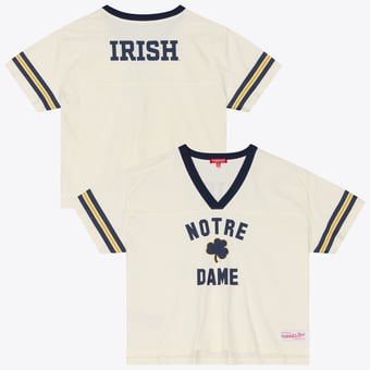 Women's Mitchell & Ness Cream Notre Dame Fighting Irish Retro Roots Crop Boxy Yoke T-Shirt