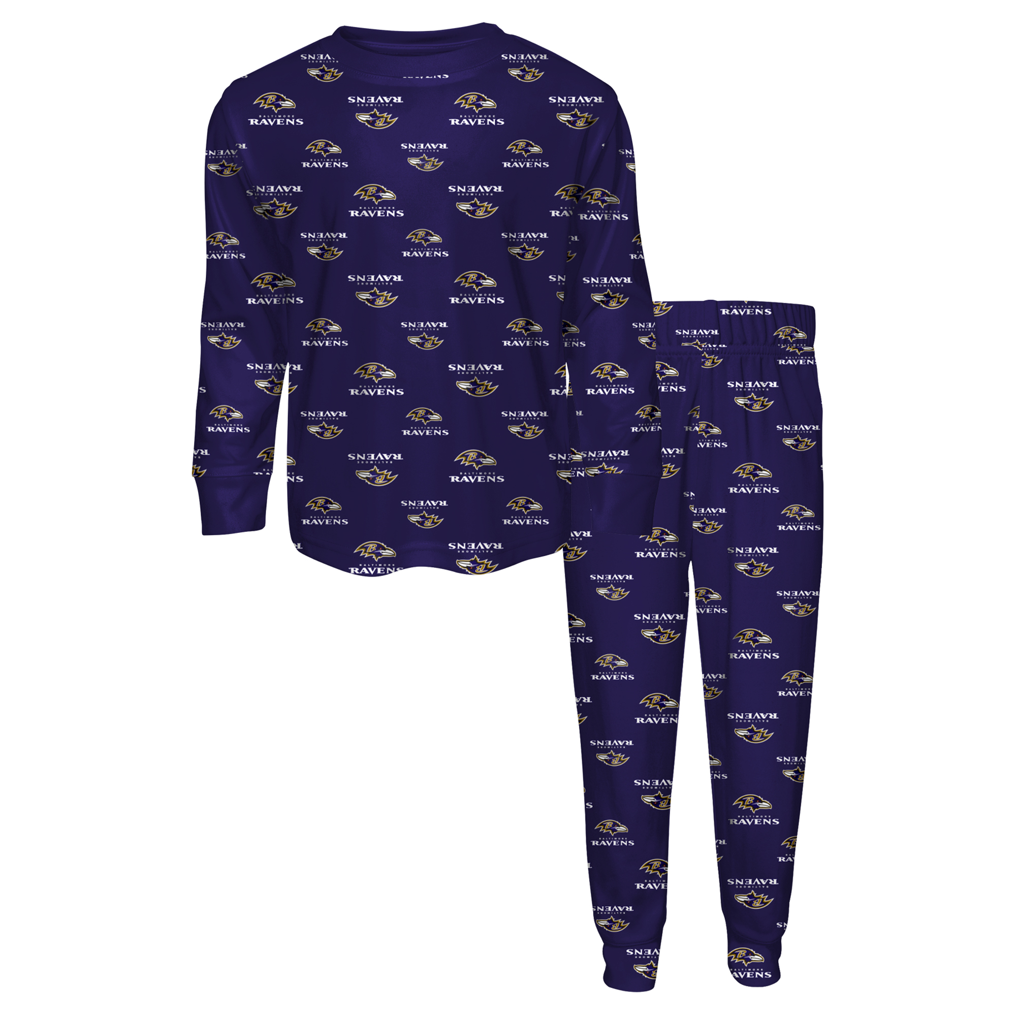 Outerstuff Big Boys' and Girls' Purple Baltimore Ravens All-Over-Print Long-Sleeves T-Shirt and Pants Sleep Set - Purple
