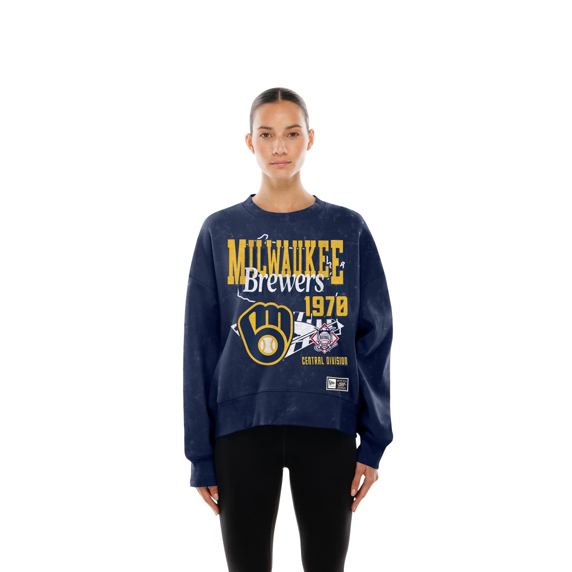 Women's New Era Navy Milwaukee Brewers Throwback Mineral Wash Boxy Sweatshirt