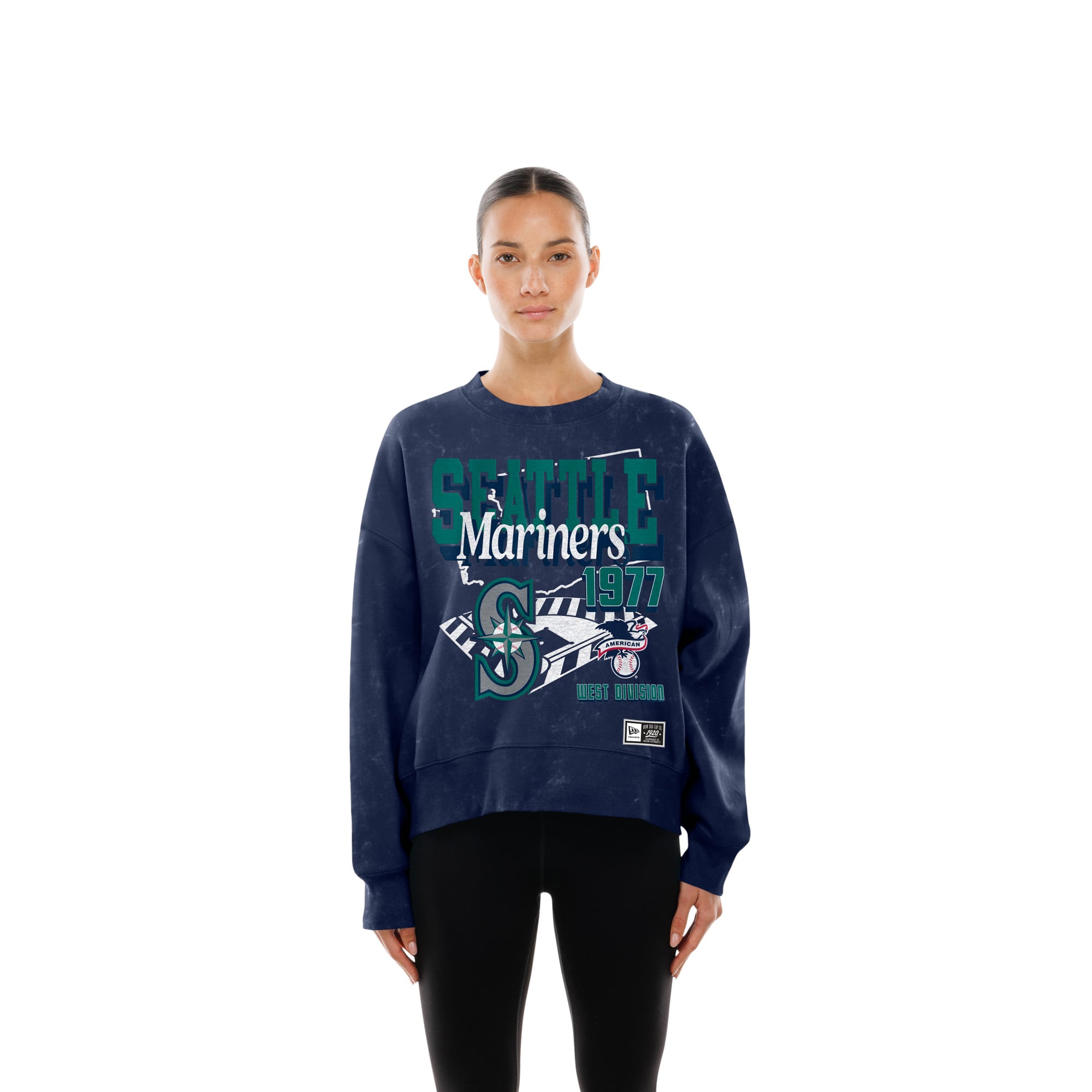 Women's New Era Navy Seattle Mariners Throwback Mineral Wash Boxy Sweatshirt