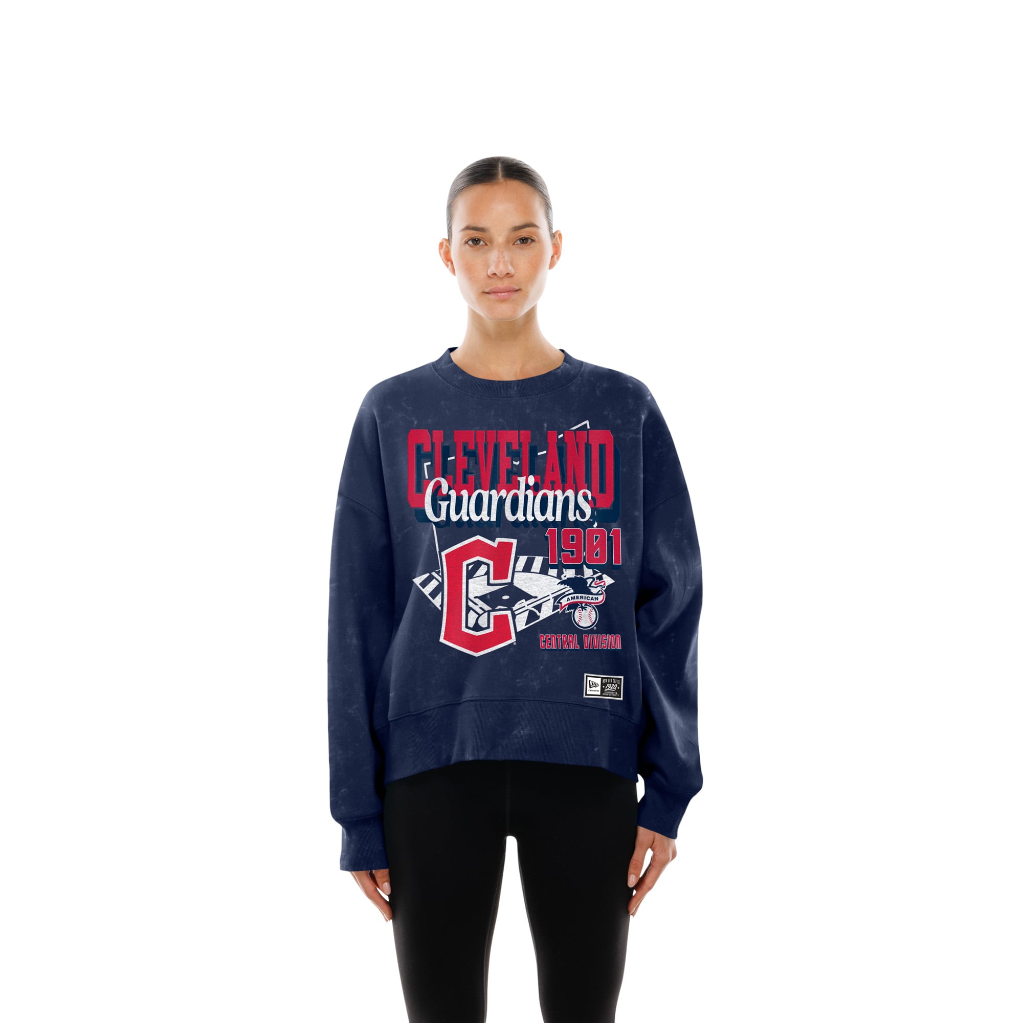 Women's New Era Navy Cleveland Guardians Throwback Mineral Wash Boxy Sweatshirt