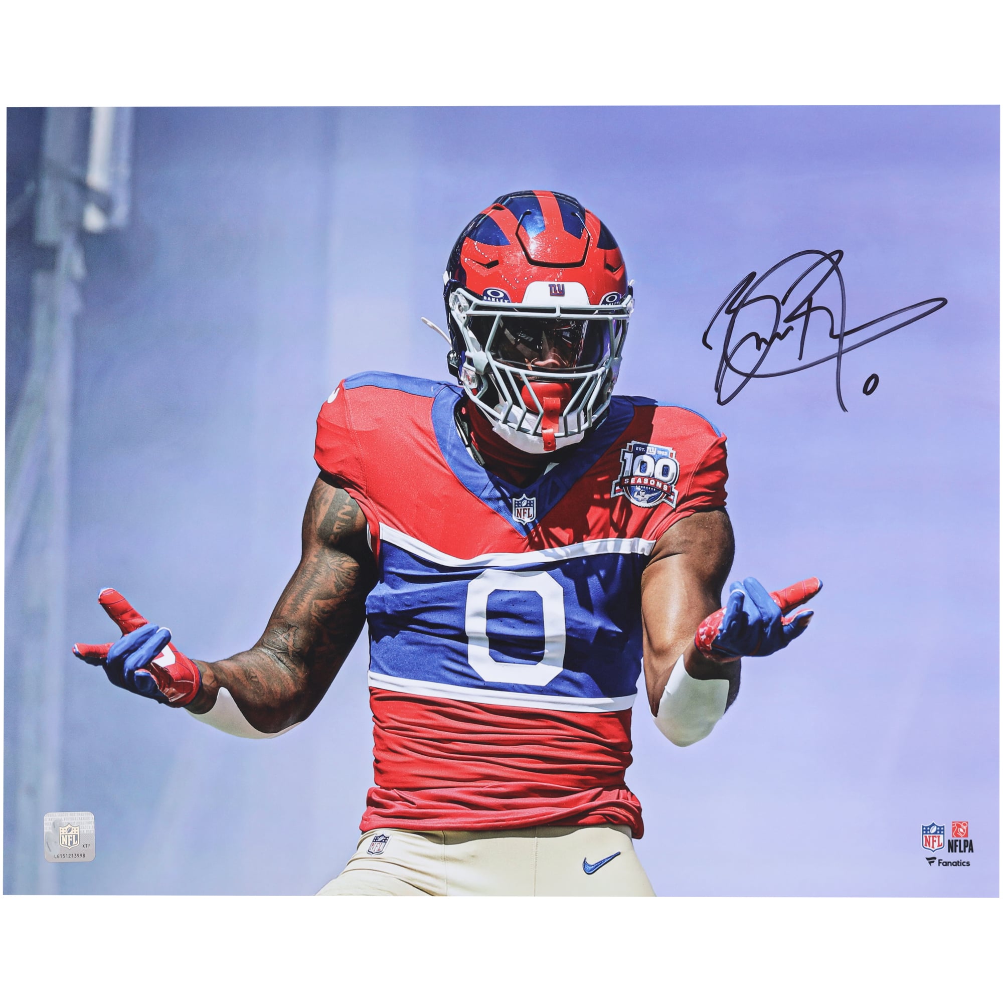 Brian Burns New York Giants Autographed 16" x 20" Spida-Burns Pose in 100th Season Throwback Uniform Photograph