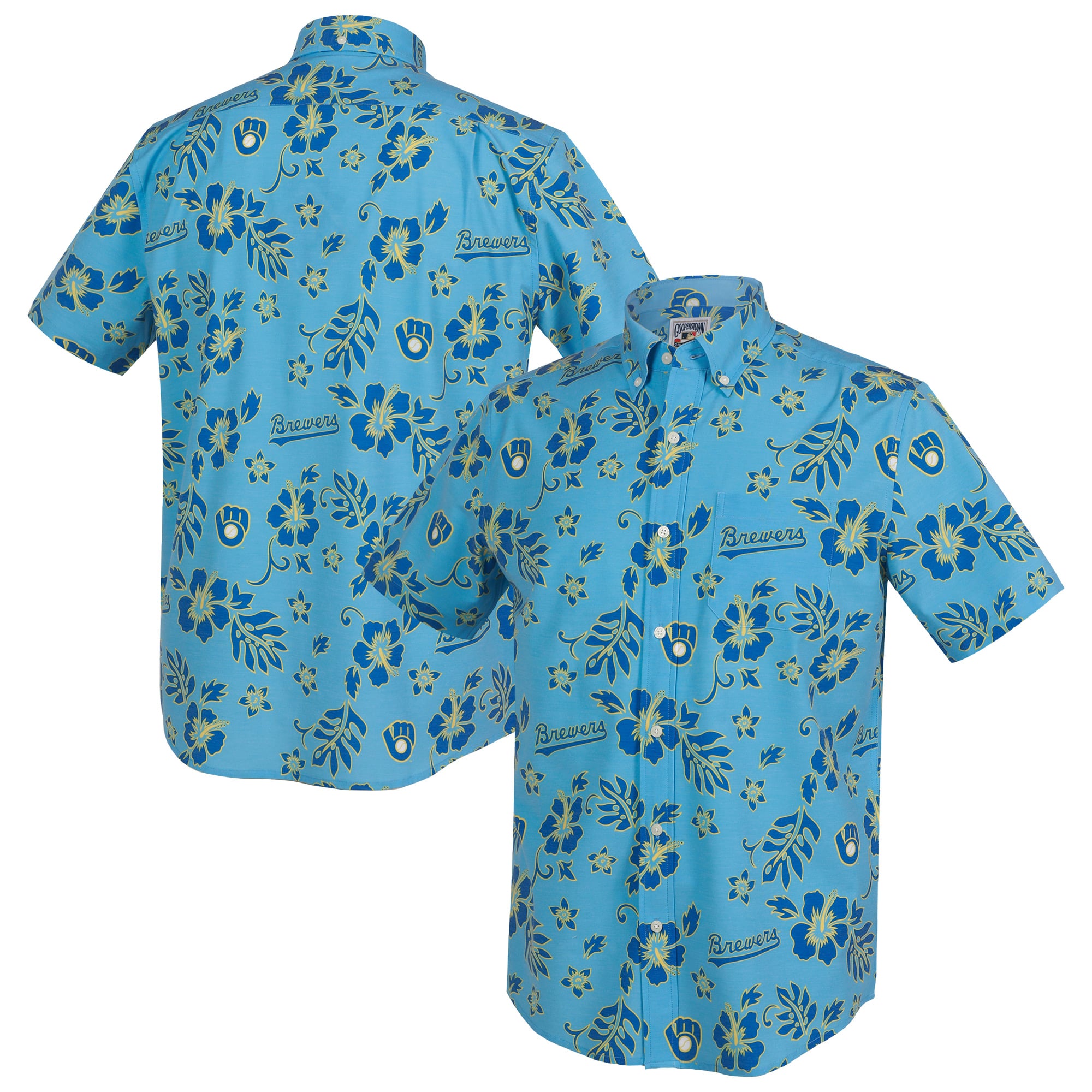Men's Reyn Spooner  Light Blue Milwaukee Brewers Cooperstown Kekai Performance Button-Down Tri-Blend Top
