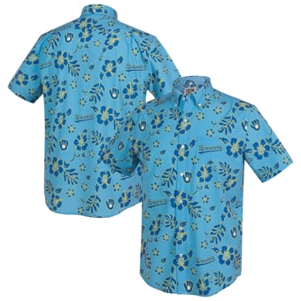 Men's Reyn Spooner  Light Blue Milwaukee Brewers Cooperstown Kekai Performance Button-Down Tri-Blend Top
