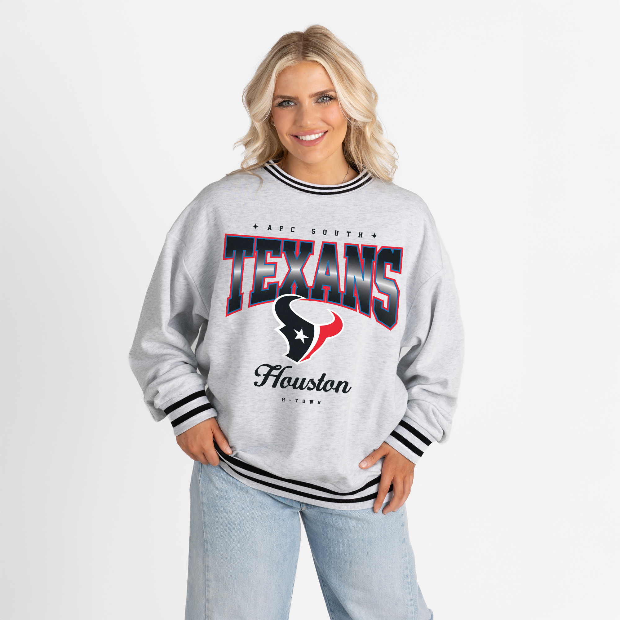 Women's Gameday Couture Ash/Black Houston Texans Oversized Gridiron Drive Ringer Stripe Sweatshirt