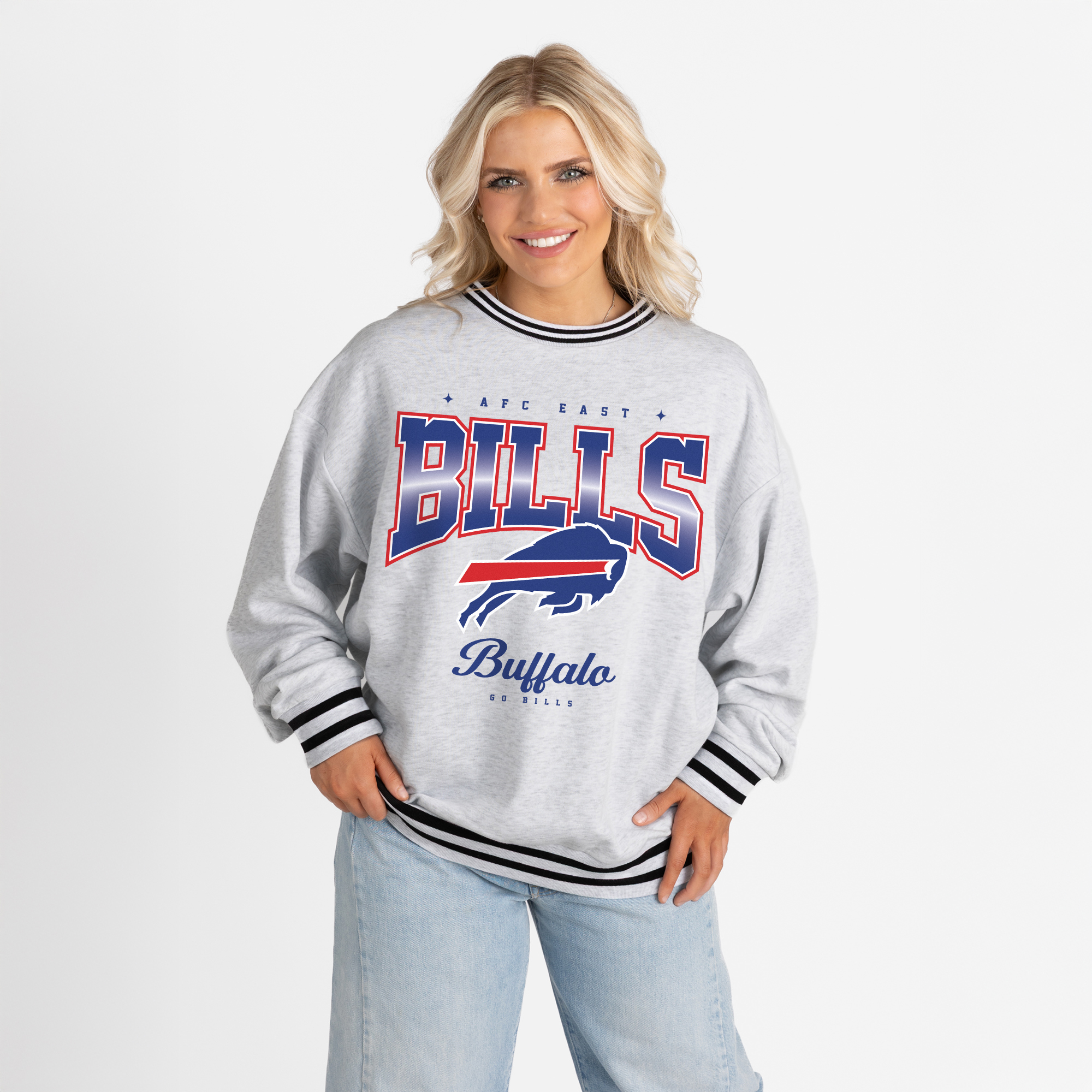 Women's Gameday Couture Ash/Black Buffalo Bills Oversized Gridiron Drive Ringer Stripe Sweatshirt