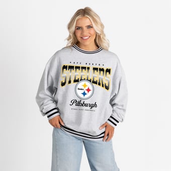 Women's Gameday Couture Ash/Black Pittsburgh Steelers Oversized Gridiron Drive Ringer Stripe Sweatshirt