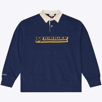 Men's Mitchell & Ness  Navy Michigan Wolverines Retro Roots French Terry Long Sleeve Polo