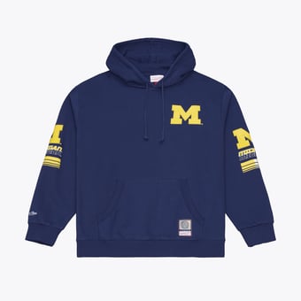 Men's Mitchell & Ness  Navy Michigan Wolverines Triple Check Fleece Pullover Hoodie