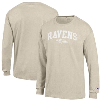 Men's Champion  Heather Oatmeal Baltimore Ravens White Ink Jersey Long Sleeve T-Shirt