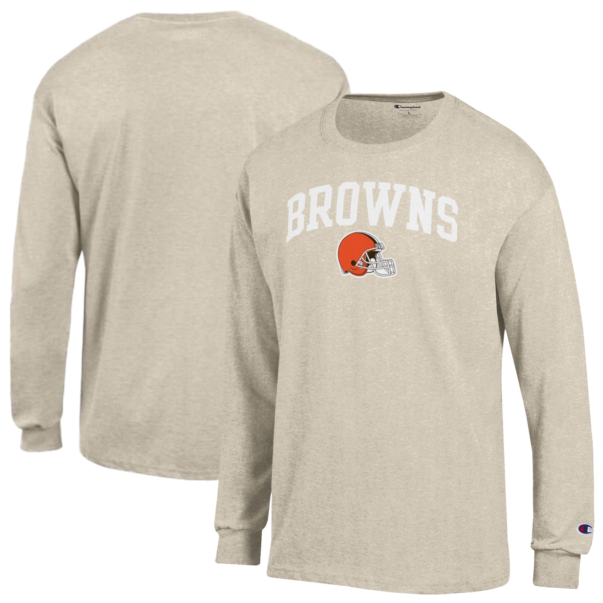 Men's Champion  Heather Oatmeal Cleveland Browns White Ink Jersey Long Sleeve T-Shirt