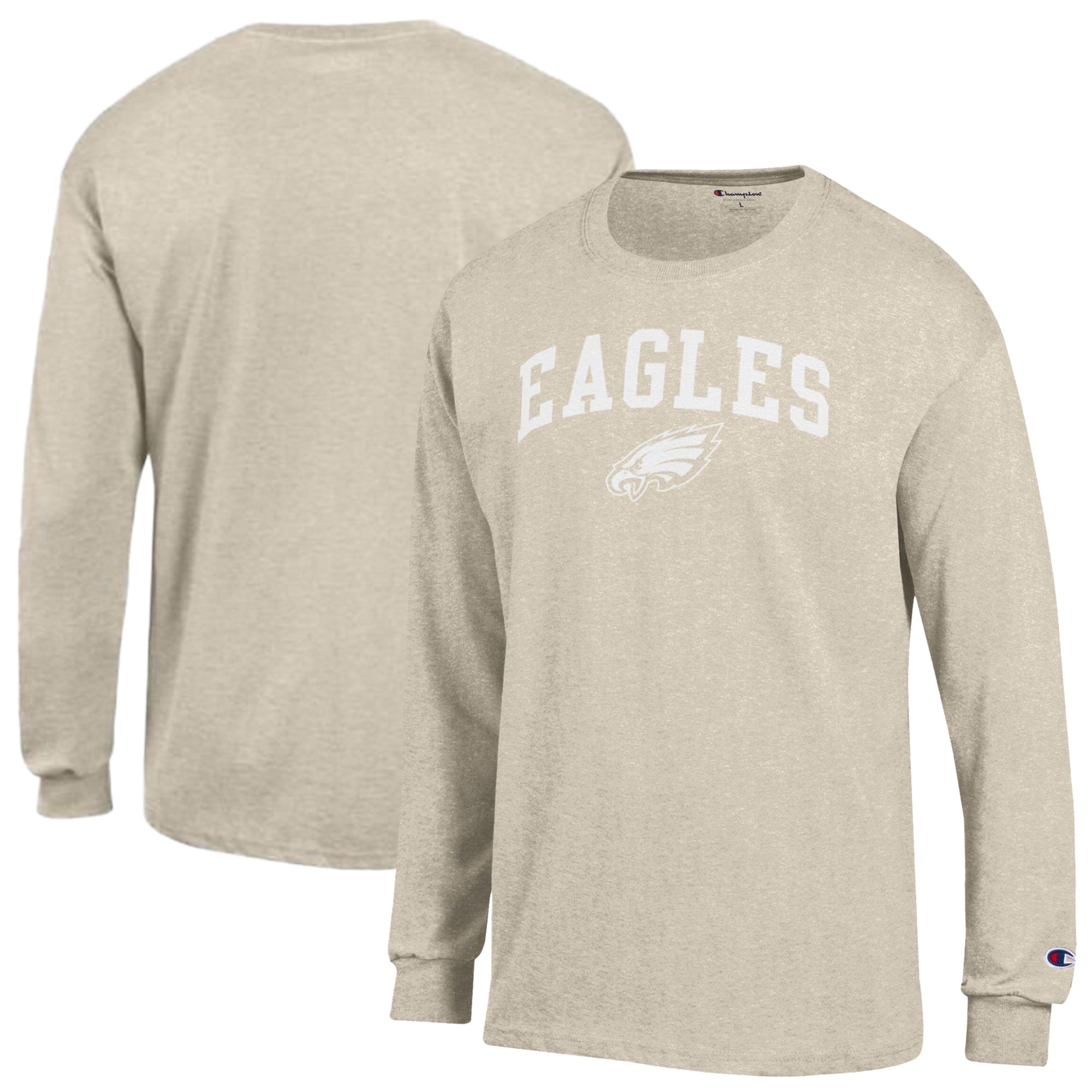 Men's Champion Heather Oatmeal Philadelphia Eagles White Ink Jersey Long Sleeve T-Shirt