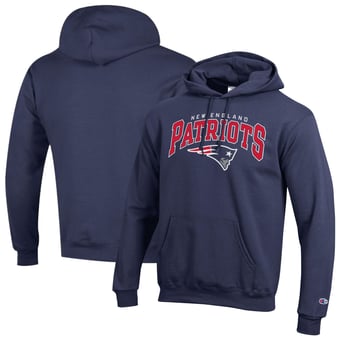 Men's Champion Navy New England Patriots Powerblend Arch over Logo Hoodie