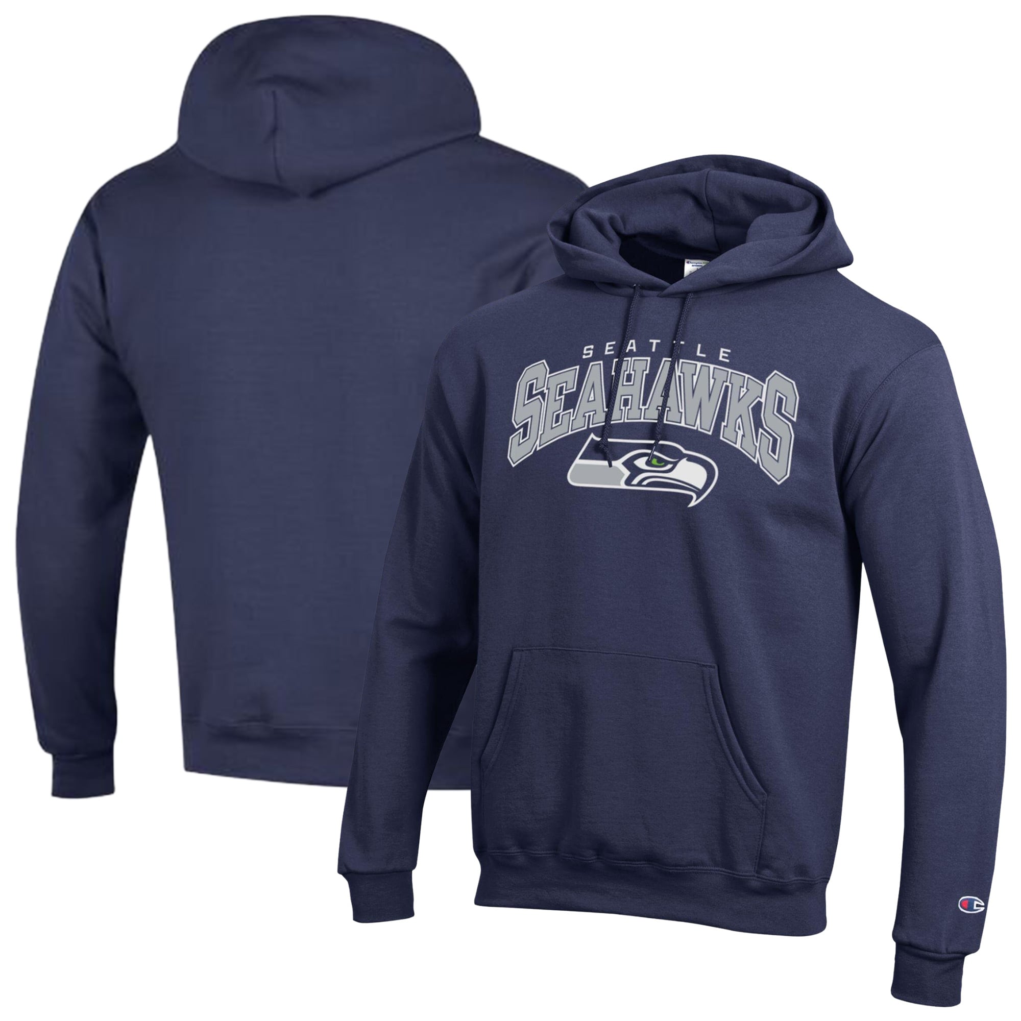 Men's Champion College Navy Seattle Seahawks Powerblend Arch over Logo Hoodie
