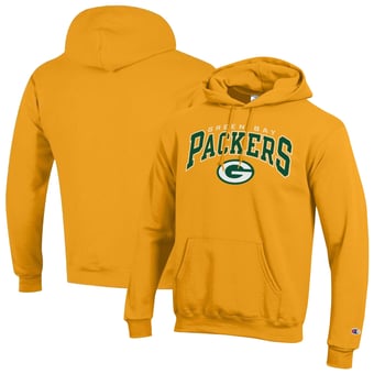 Men's Champion Gold Green Bay Packers Powerblend Arch over Logo Hoodie