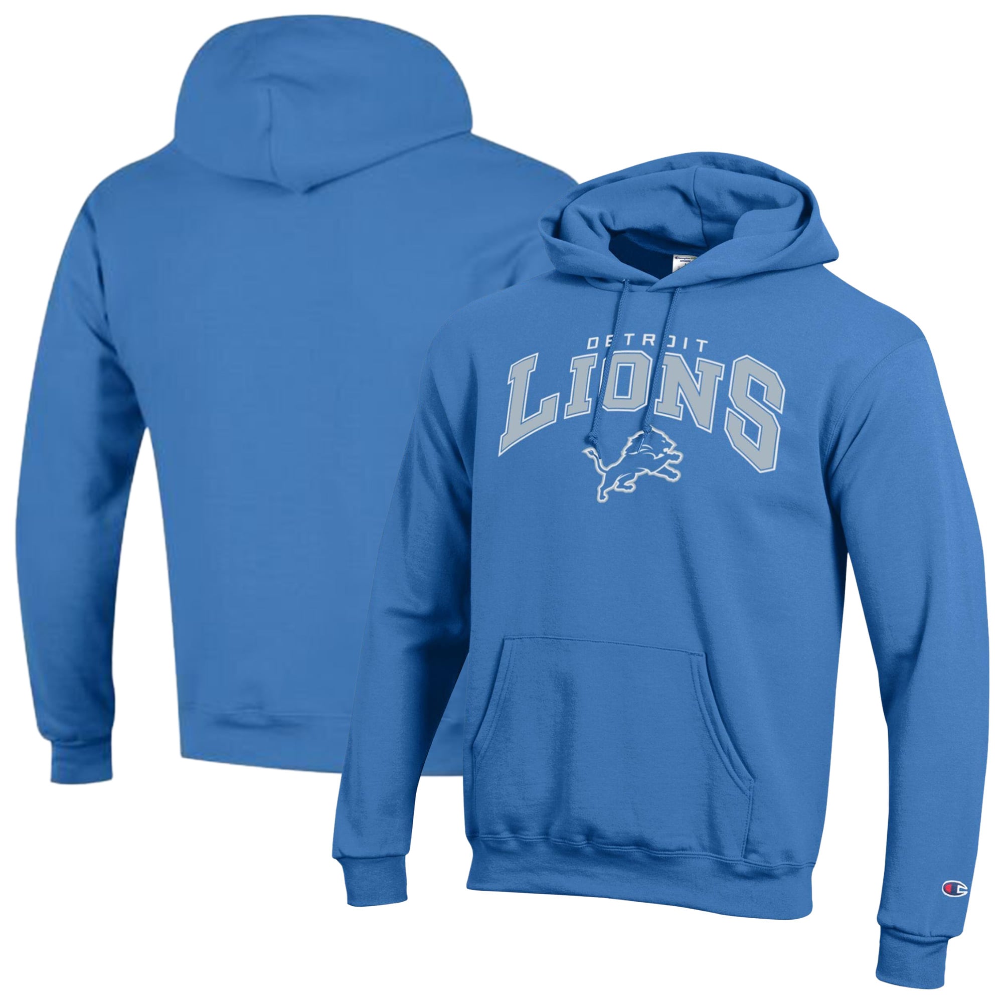 Men's Champion Blue Detroit Lions Powerblend Arch over Logo Hoodie