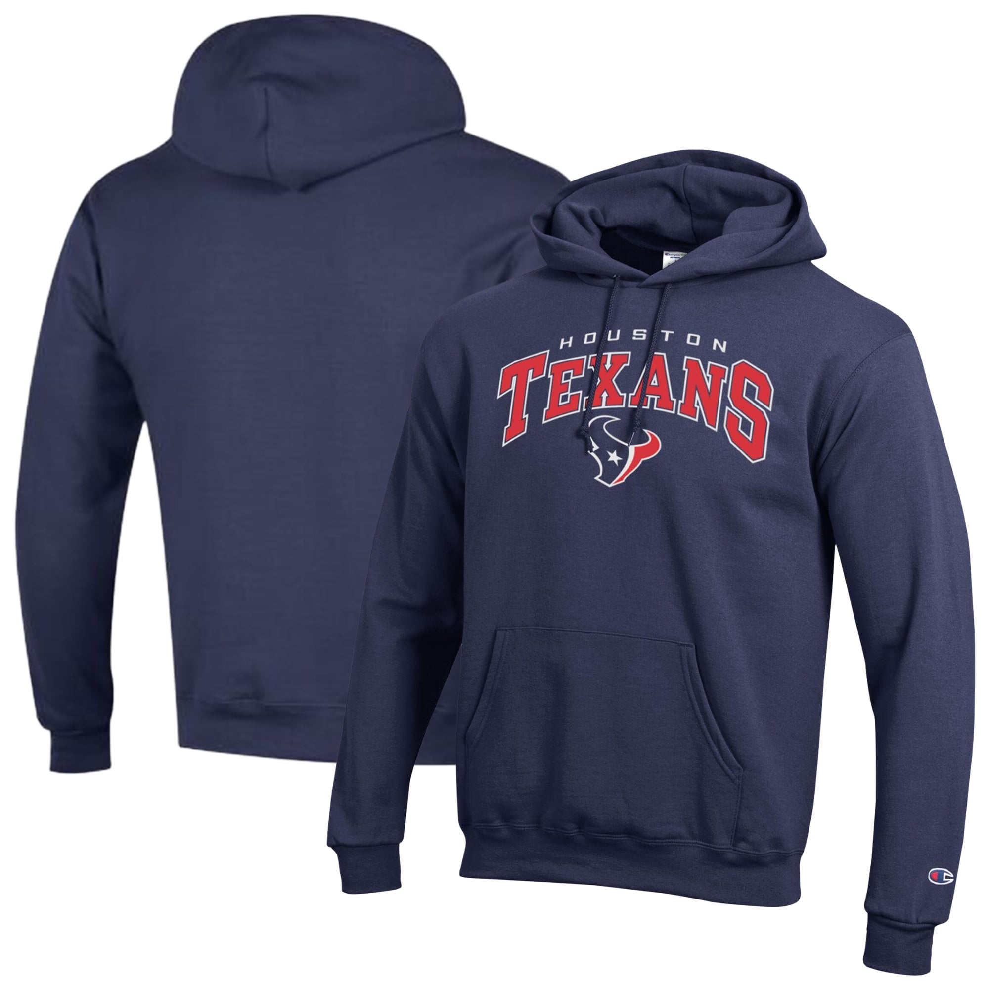 Men's Champion Navy Houston Texans Powerblend Arch over Logo Hoodie