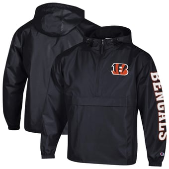 Men's Champion Black Cincinnati Bengals Packable Hooded Windbreaker Half-Zip Jacket